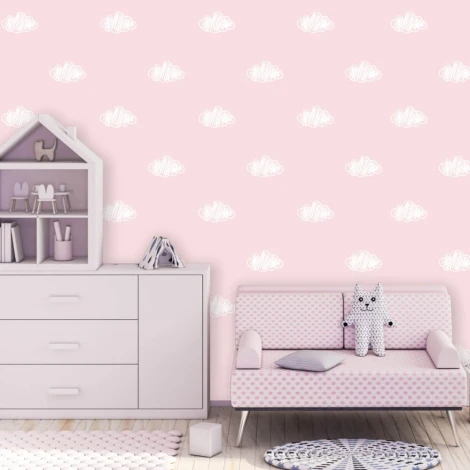 Cloud wallpaper for kids\' room 057 - Decorated in a light pink wall setting.