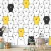 Children\'s room wallpaper with bears 045 - Graphic pattern. White, black, and yellow bears on a white background.