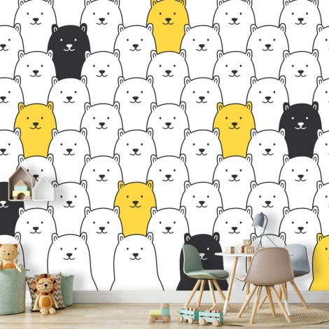 Children\'s room wallpaper with bears 045 - Graphic pattern. White, black, and yellow bears on a white background.