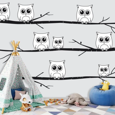 Owl wallpaper for kids\' room 054 - Bright walls with a visible play area.