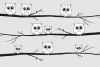 Child\'s room wallpaper owls 054 - Graphic design. Owls perched on branches in various sizes, in black and white.