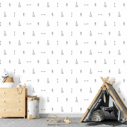 Tipi children\'s room wallpaper with arrows and trees 037 - Graphic design on a white background featuring tipi and arrows.