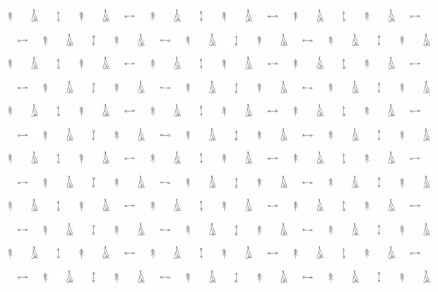 Children\'s tipi wallpaper with arrows and trees 037 - Graphic pattern on a white background with small arrows and tipis.
