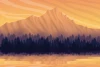 Mountain landscape wallpaper 028 - Graphic design. Warm orange tones with a dark forest at the base.