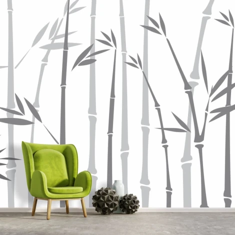 Bamboo wallpaper 051 for the living room - modern interior design with light walls and a green armchair.