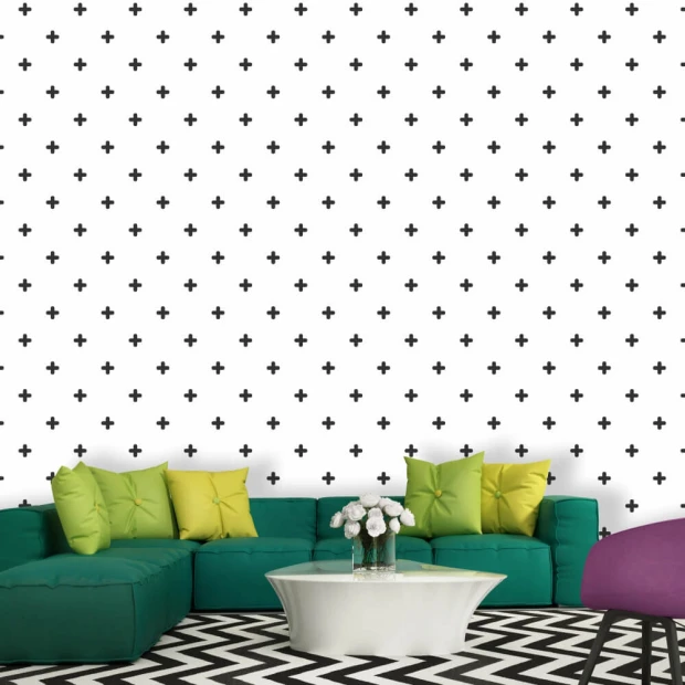 Cross-pattern wallpaper 036 for living room. Modern decor with green sofa and yellow cushions.