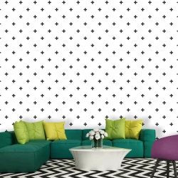 Cross-pattern wallpaper 036 for living room. Modern decor with green sofa and yellow cushions.