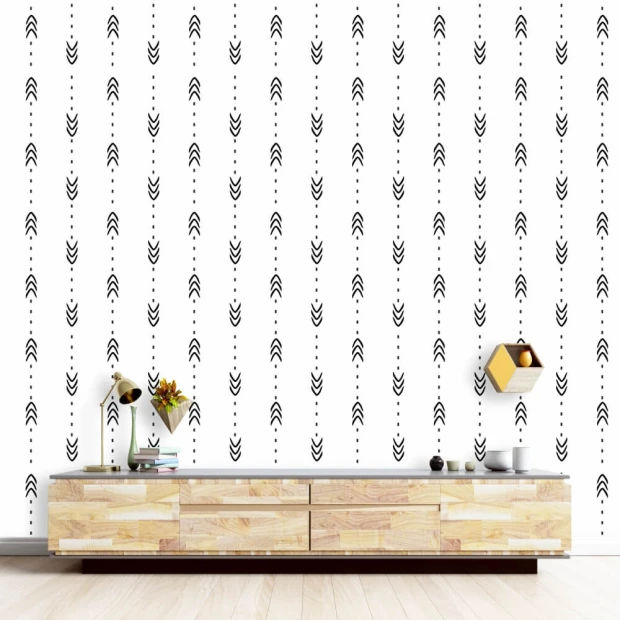 Scandinavian style wallpaper 047 for living room. Light walls with black arrow patterns.