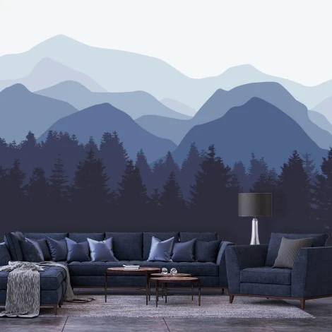 Bedroom wallpaper mountains 033 - Living room arrangement. Dark navy furniture, gray walls, and wooden elements.