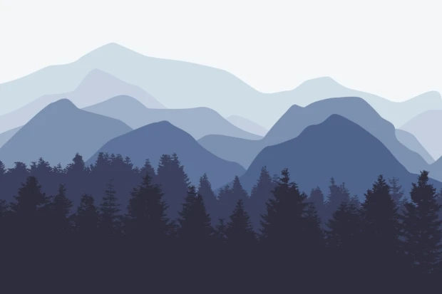 Bedroom wallpaper mountains 033 - Graphic design featuring layered mountains in shades of blue and gray.