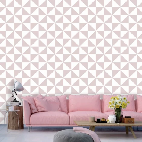 Triangle wallpaper 039 for the bedroom. Light-colored walls, pink sofa, and a table with flowers in the living room.