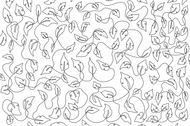 Leaf Wallpaper 053 - Graphic pattern. Black and white leaves on thin stems in a chaotic arrangement.