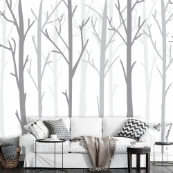 Tree wallpaper 048 - Living room decor with light-colored walls and gray furniture.