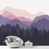 Mountain wallpaper 032 - Graphic design featuring mountain outlines in shades of pink and purple with dark tree silhouettes.