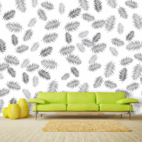 Feather wallpaper 034 - Living room setup with a green sofa against a white wall featuring black leaves.