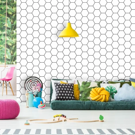 Hexagon wallpaper 055 - Modern living room decor with light-colored walls and pastel furniture.