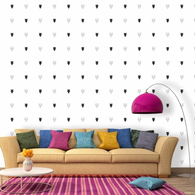 Triangle wall wallpaper 035 - Living room setup with white walls, beige sofa, and colorful cushions.