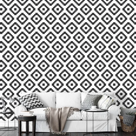 Scandinavian wallpaper design 042 - Graphic pattern with black and white diamonds in a regular layout.