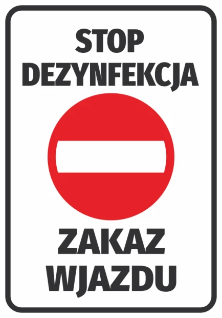 Stop Disinfection No Entry Sticker - Graphic design. Red circle with a white horizontal line and large black letters.