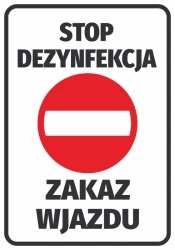 Stop Disinfection No Entry Sticker - Graphic design. Red circle with a white horizontal line and large black letters.