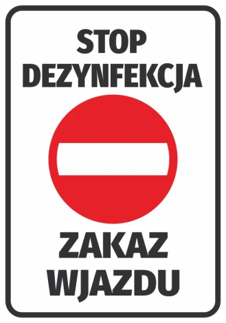 Stop Disinfection No Entry Sticker - Graphic design. Red circle with a white horizontal line and large black letters.