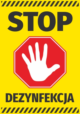 Stop Disinfection Sticker N570 - Graphic design with yellow background, red octagonal border, and white hand.