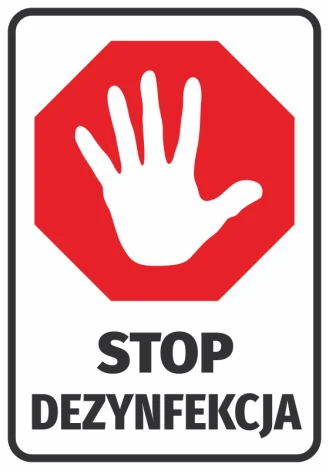 Stop Disinfection Sticker N580 - Graphic design. Red hexagon with a white hand and black text.