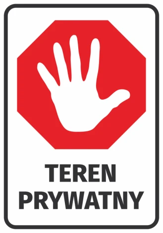 Private Property Sticker - Graphic Design. Red hexagon with a white hand and black text.