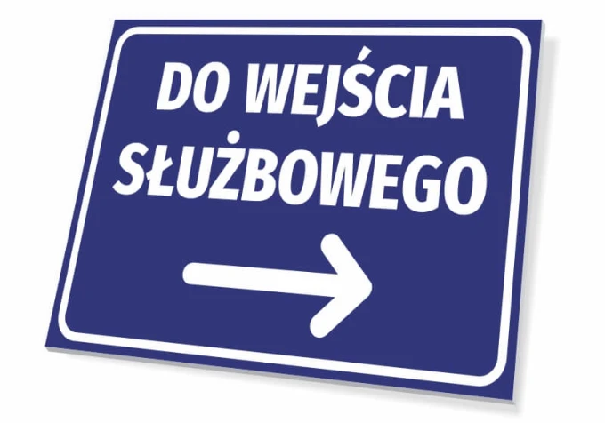 Office entrance sign T592 - Graphic design. Blue background with white text and right arrow.
