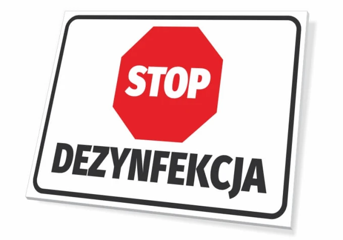 Stop Disinfection Sign T569 - Red octagon with white STOP text and black DISINFECTION.