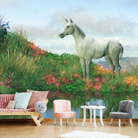 Unicorn wallpaper for kids\' room 069 - Bright walls and pastel-colored furniture in the decor.