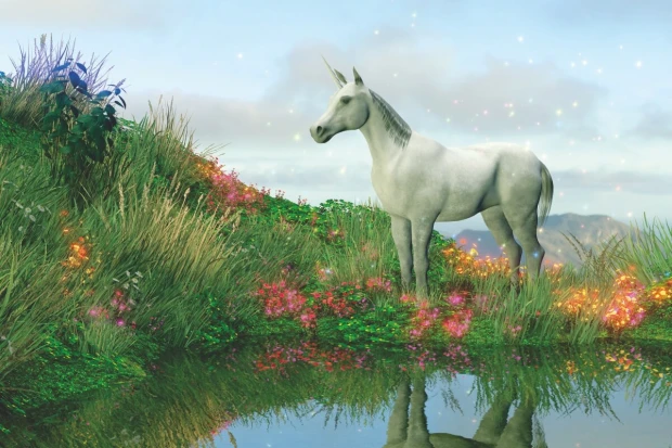 Unicorn wallpaper for kids\' room 069 - Graphic design. White unicorn against green hills and flowers.