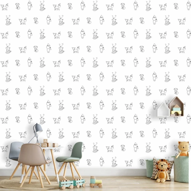 Children\'s room wallpaper featuring foxes 060 - Graphic design with foxes and other animals on a white background.