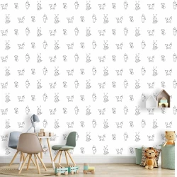 Children\'s room wallpaper featuring foxes 060 - Graphic design with foxes and other animals on a white background.