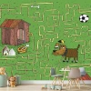 Child\'s room wallpaper with a dog design. Green background featuring a dog, doghouse, ball, and bone in a maze.