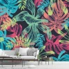 Leaf wallpaper 071 for the living room - Modern decor with dark walls and light-colored furniture.