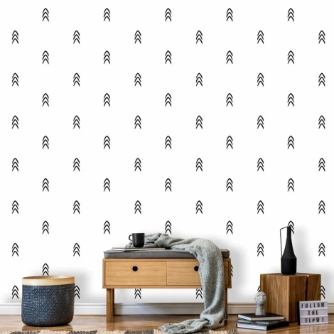 Scandinavian style wallpaper for living room 063 - Graphic pattern with black arrows on a white background in a regular layout.
