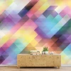 Colorful triangle wallpaper 076 for living room. Light-colored walls and natural shade furniture.
