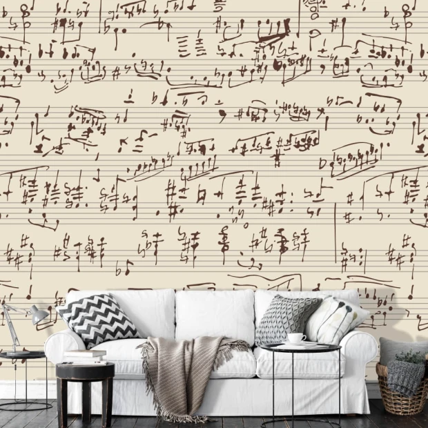 Wall wallpaper notes 064 - Living room arrangement with light walls, sofa, and gray cushions.
