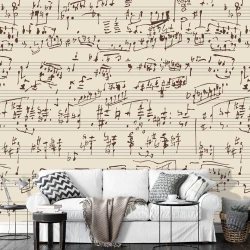 Wall wallpaper notes 064 - Living room arrangement with light walls, sofa, and gray cushions.