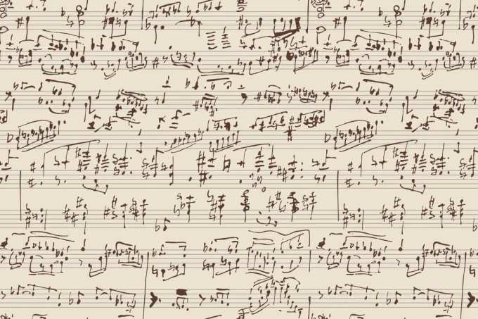 Musical notes wallpaper 064 - Graphic pattern with drawings of notes and lines on a light background.