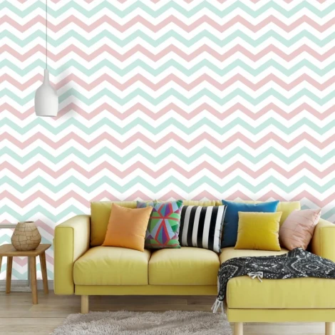Geometric pattern wallpaper 061 - Living room setup with a yellow sofa and colorful cushions.