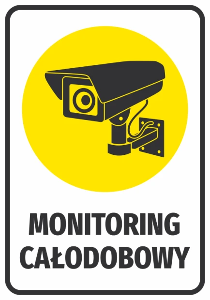 24/7 Monitoring Sticker - Graphic Design. Black camera on yellow background with text at the bottom.