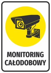 24/7 Monitoring Sticker - Graphic Design. Black camera on yellow background with text at the bottom.