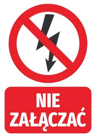 Do not connect sticker - Graphic design. Round symbol with a crossed-out lightning bolt on a red background. Text: DO NOT.