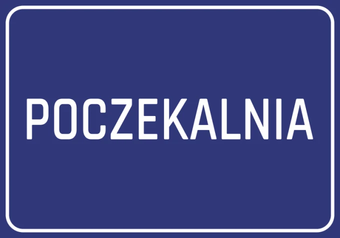 Waiting Room Sticker - Graphic design. Simple rectangular shape with large "WAITING ROOM" text on a dark blue background.