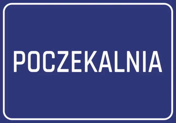 Waiting Room Sticker - Graphic design. Simple rectangular shape with large "WAITING ROOM" text on a dark blue background.