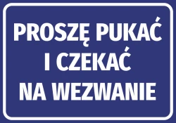 Please knock and wait for a call - Graphic design. Blue background with large white text.
