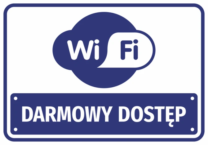 Free WiFi Access Sticker - Round blue WiFi symbol with white text.