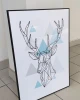 Deer Poster 051 - Graphic design featuring a geometric silhouette of a deer with blue triangles in the background.